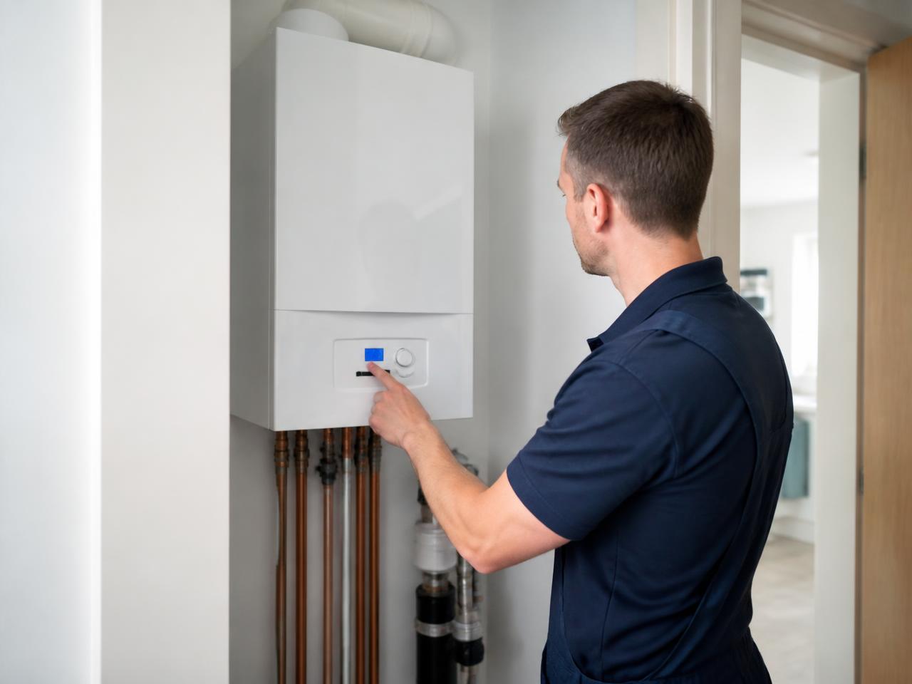 Compact electric boiler installed in an Edinburgh flat utility cupboard